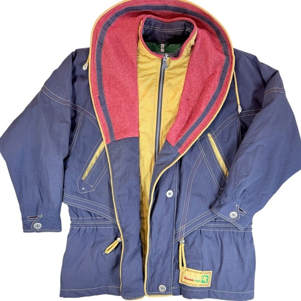 One Hundred Flowers Jacket Mens Medium Blue Vintage Quilted Colorblock Hooded